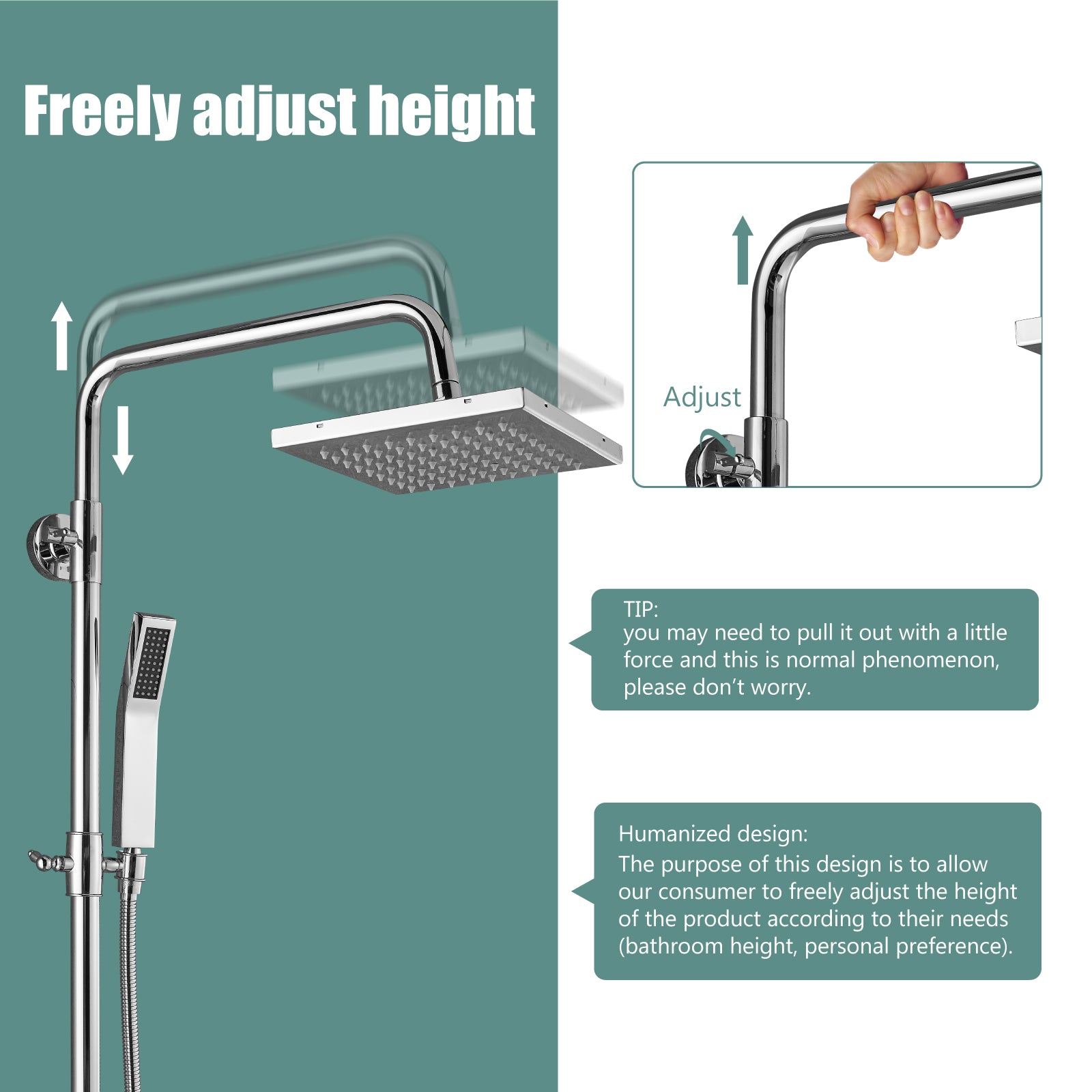 Heyalan Wall Mounted Exposed Shower System Triple Function Bathroom Shower Faucet 8” Square Swivel Rainfall Shower Head with Hand Held Sprayer Tub Spout Adjustable Complete Set with Shelf