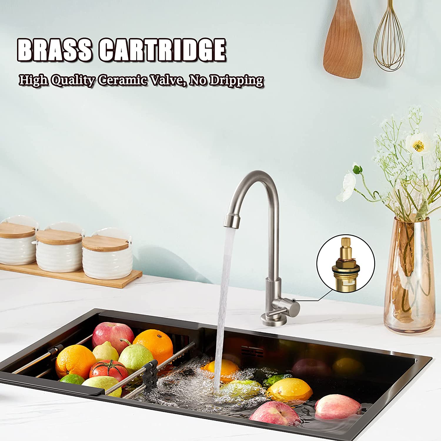 Kitchen Faucet Cold Water Only 1 Hole Single Handle 360 Degree Swivel Spout Deck Mount High Arc SUS304 Sink Bar Tap Goose Neck with Hose and Longer Thread Pipe