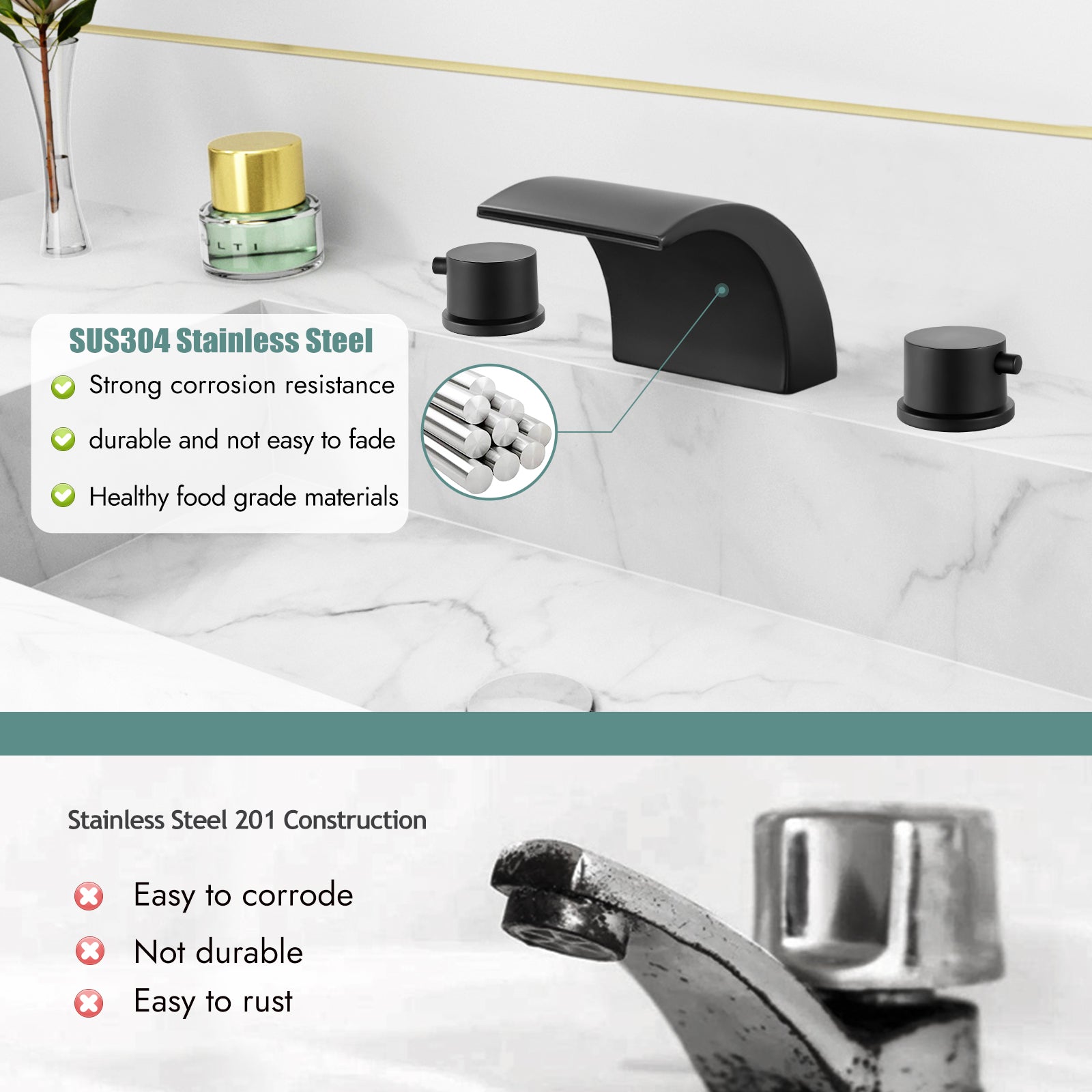 Heyalan Bathroom Widespread Sink Faucet Waterfall Spout 8 16 Inch Dual Handles Three Holes Deck Mount Pop Up Drain with Overflow Bathtub Basin Mixer Tap Commercial