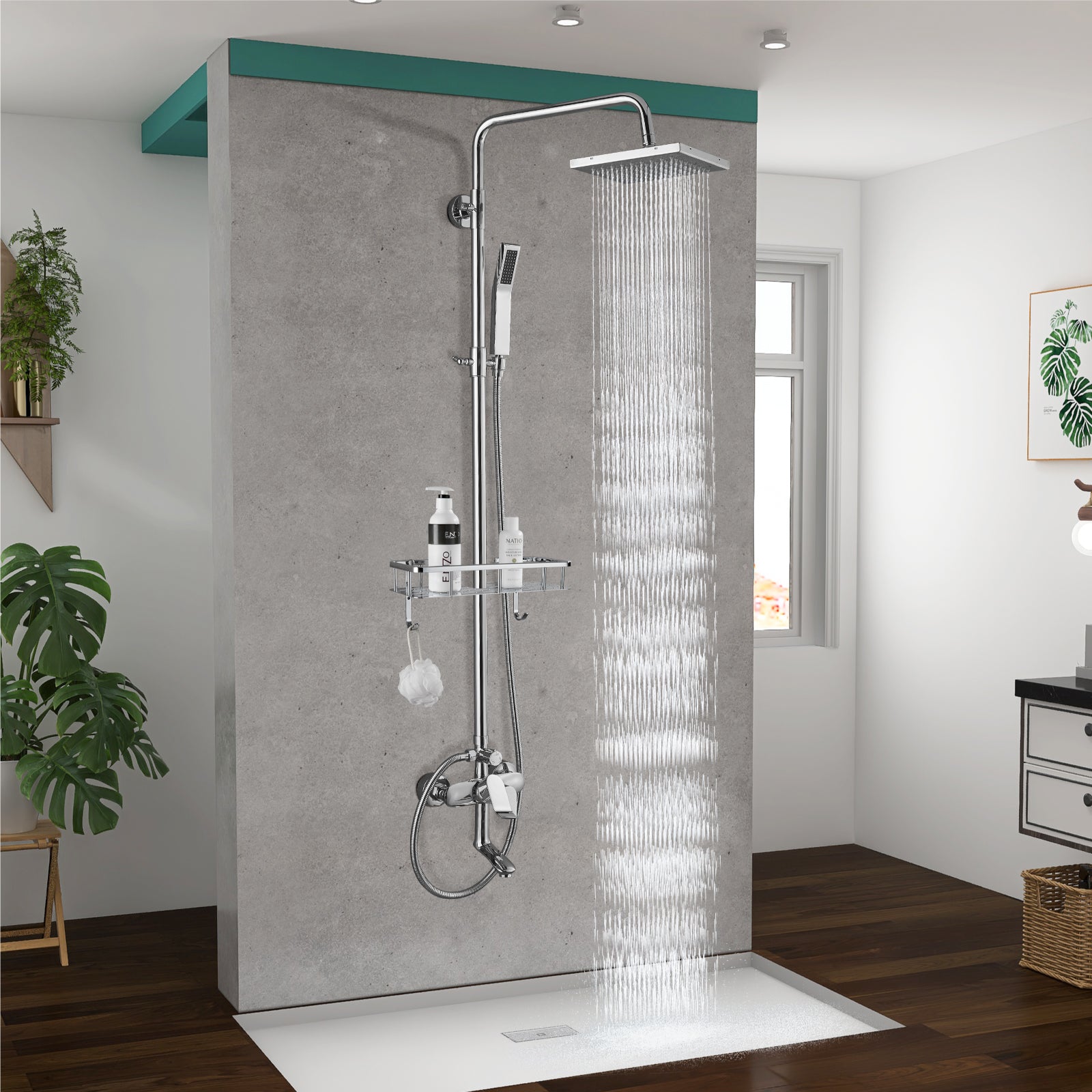 Heyalan Wall Mounted Exposed Shower System Triple Function Bathroom Shower Faucet 8” Square Swivel Rainfall Shower Head with Hand Held Sprayer Tub Spout Adjustable Complete Set with Shelf