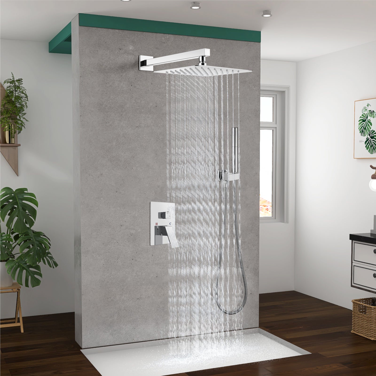 Heyalan Shower System Square Rain Shower System Head Shower Faucet Fixture 2 in 1 Handheld Shower Sprayer Rough in Valve Wall Mount Bathroom Rainfall Combo Set High Pressure
