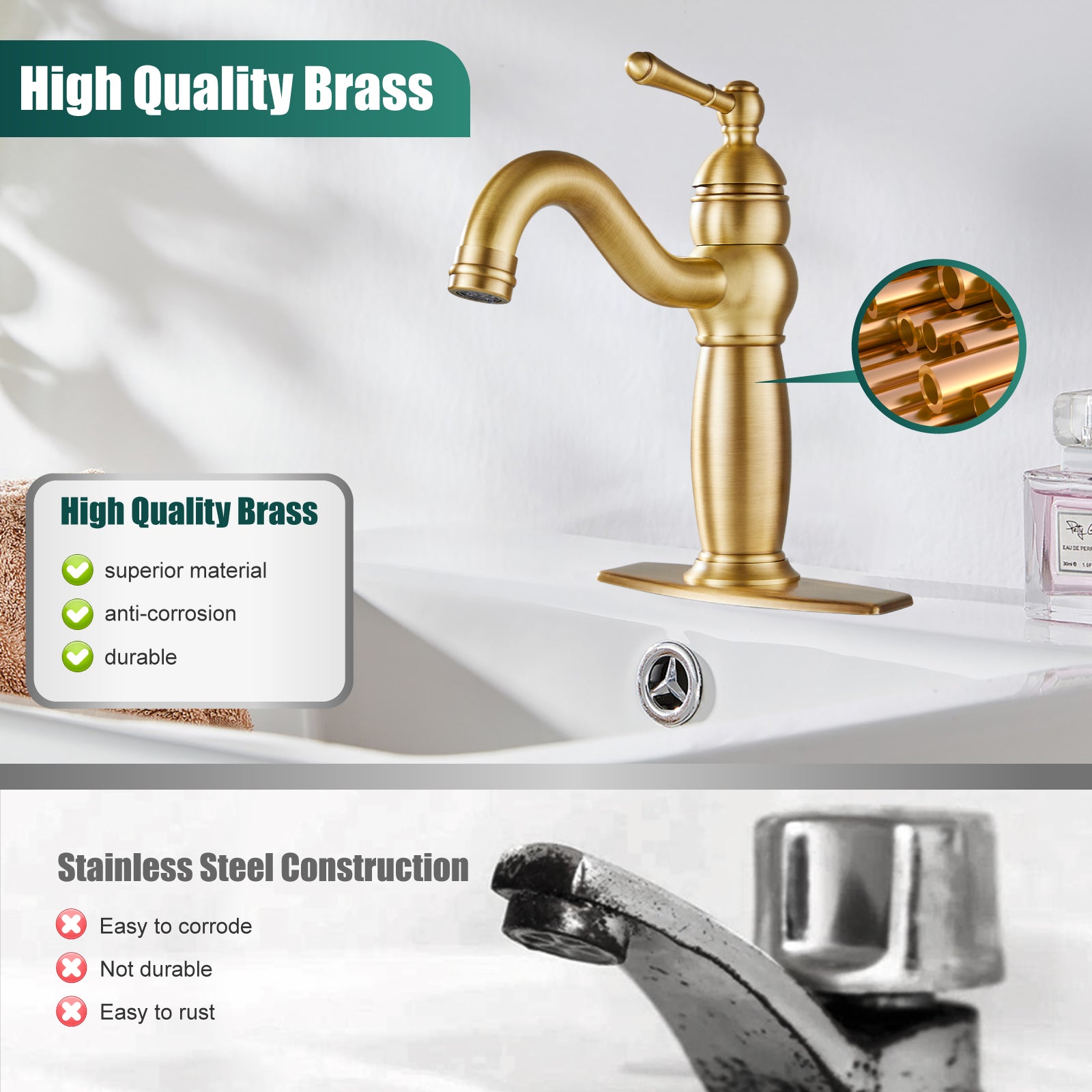 Heyalan Bathroom Faucet Brass Lavatory Sink Faucet Vanity Basin Single Hole Vintage Vessel Mixer Tap Deck Mounted Retro Hot and Cold Water Handle Solid Brass Pop-up Drain Included