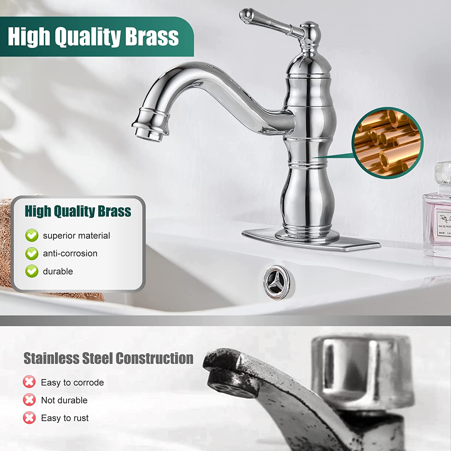 Bathroom Sink Overflow Faucet Single Hole One Handle with Pop Up Drain Assembly Deck Mount Vanity Mixer Tap Lavatory Included