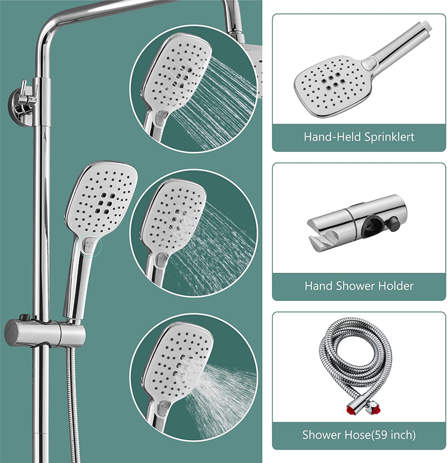 Exposed Shower System Polish Chrome 3 Functional Bathroom Shower Set 9 Inch Rainfall Shower Head with Handheld Sprayer Complete Set Adjustable Hand Spray Tub Spout Wall Mount