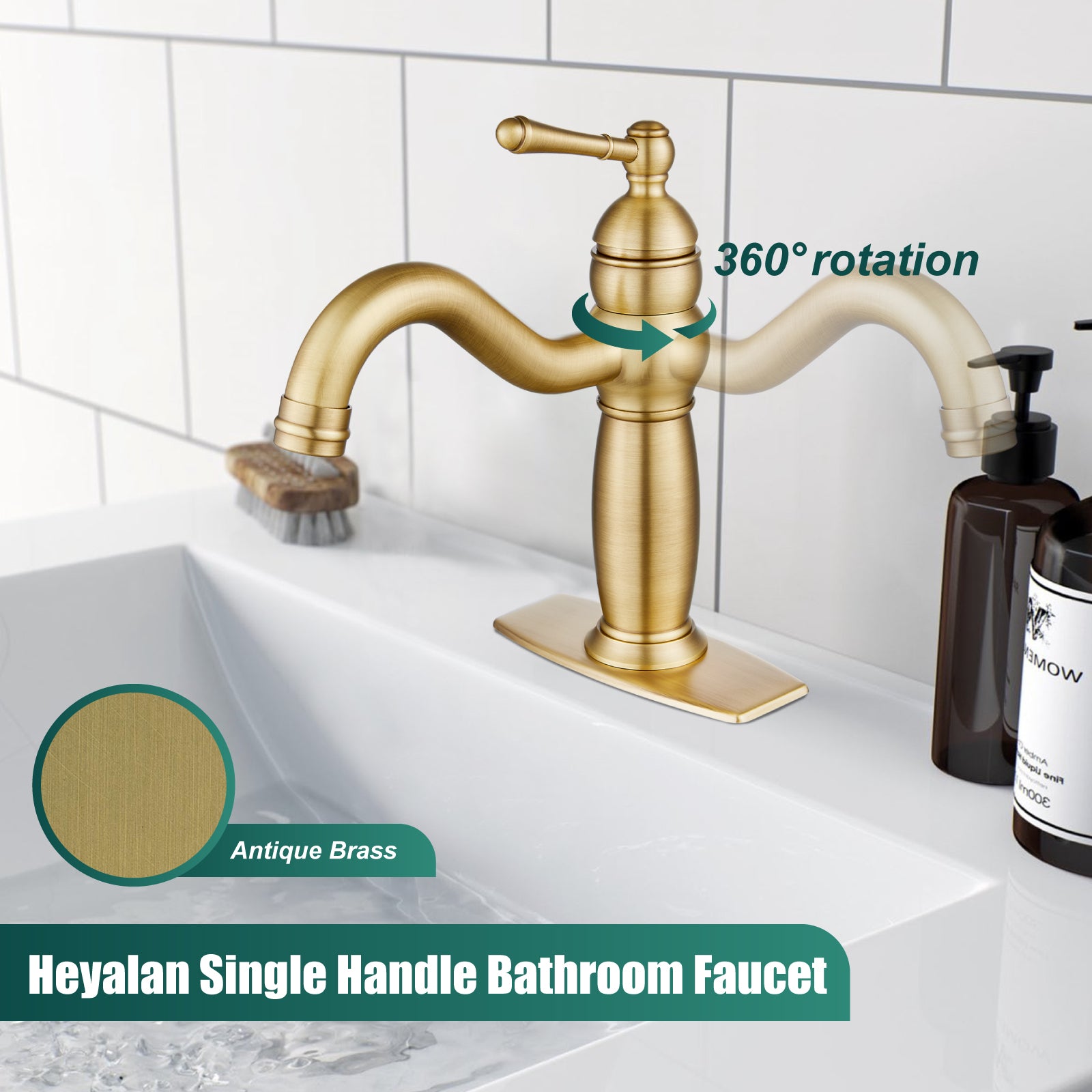 Heyalan Bathroom Faucet Brass Lavatory Sink Faucet Vanity Basin Single Hole Vintage Vessel Mixer Tap Deck Mounted Retro Hot and Cold Water Handle Solid Brass Pop-up Drain Included