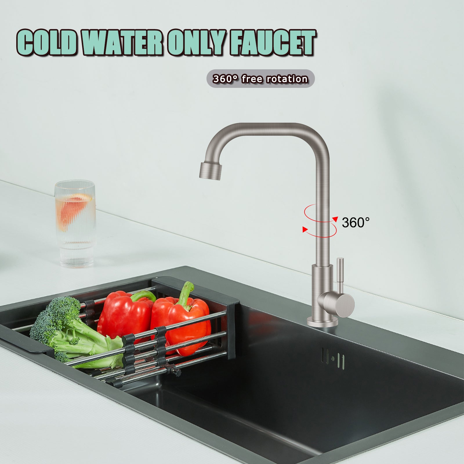 Cold Only Water Kitchen Faucet Heyalan Single Lever Handle 304 Stainless Steel Commercial Bar Tap Decked Mounted 360 Degree Swivel Spout Longer Thread Pipe