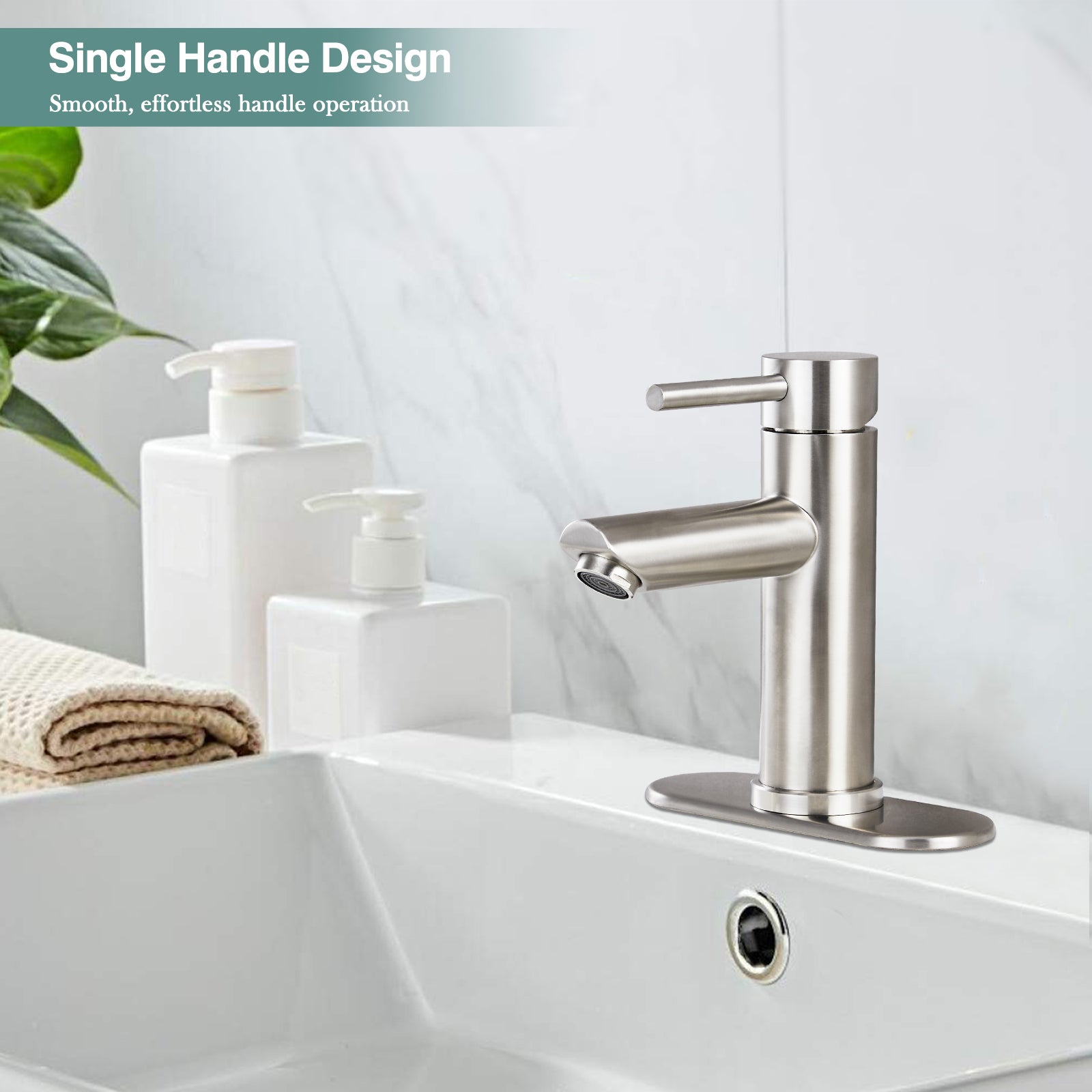 Heyalan Bathroom Sink Faucet Stainless Steel SUS304 Brushed Nickel Single Handle 1 Hole Hot and Cold Water Deck Mount Lavatory Faucet Kitchen Tap with Pop Up Drain