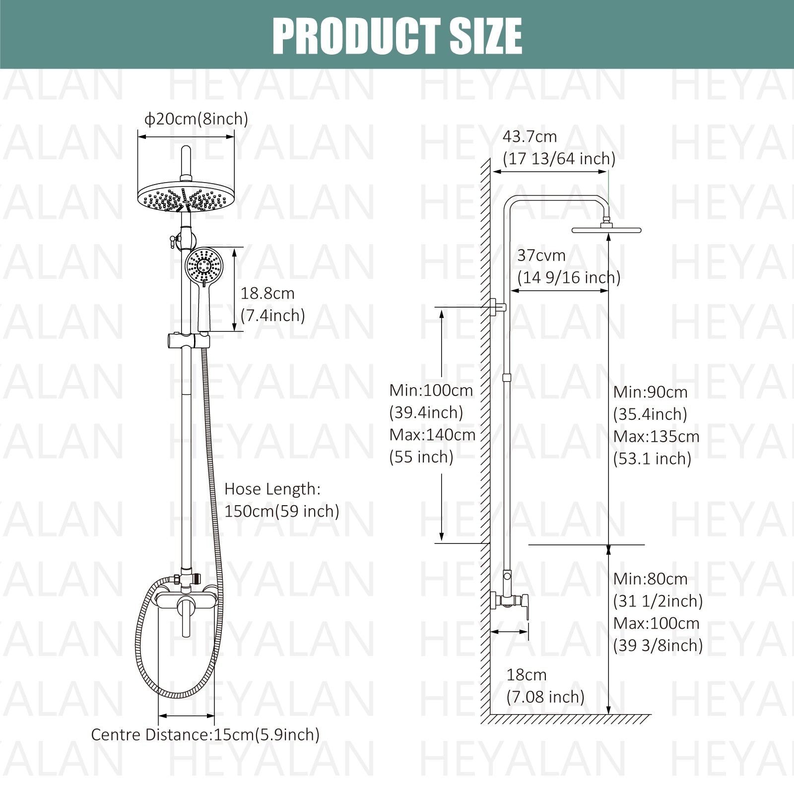 Heyalan Matte Black Exposed Shower System 8 Inch Rainfall Shower Head Fixture Combo Set Single Handle with ABS Handheld Sprayer Bathroom Shower Faucet Adjustable Shower Head Bar Dual Functions