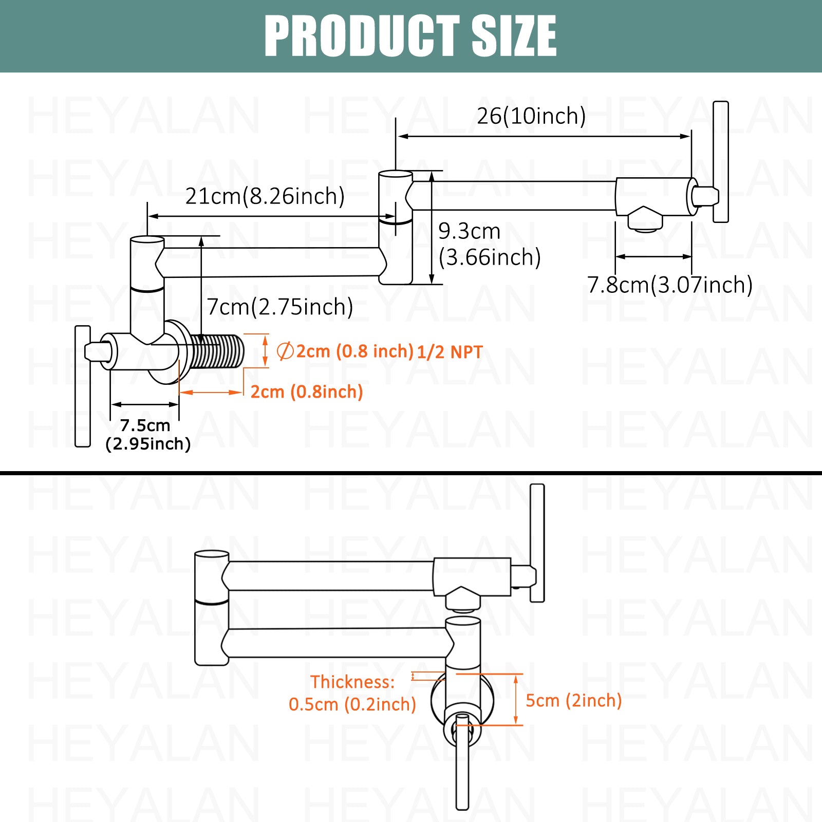 Heyalan 19" Stainless Steel SUS304 Pot Filler Faucet Wall Mounted Double Joint Swing Folding Arms with Two Handles Single Hole Commercial Kitchen Sink Faucet to Control Water Stovetop