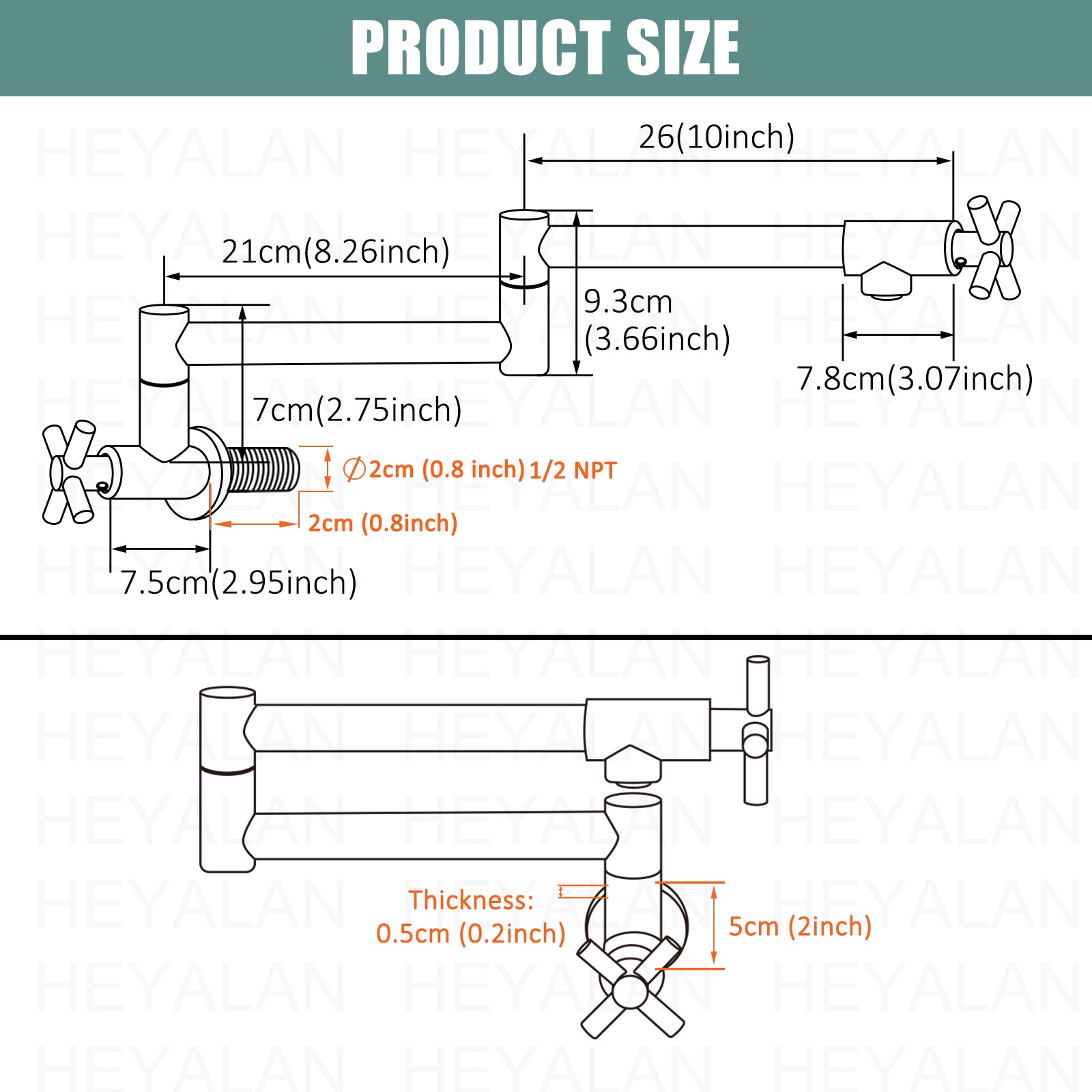 Heyalan Pot Filler Kitchen Faucet Stainless Steel SUS304 Two Cross Handle 19 Inch Single Hole Spout Wall Mounted Stretchable Swing Arm Commercial Kitchen Sink Faucet to Control Water