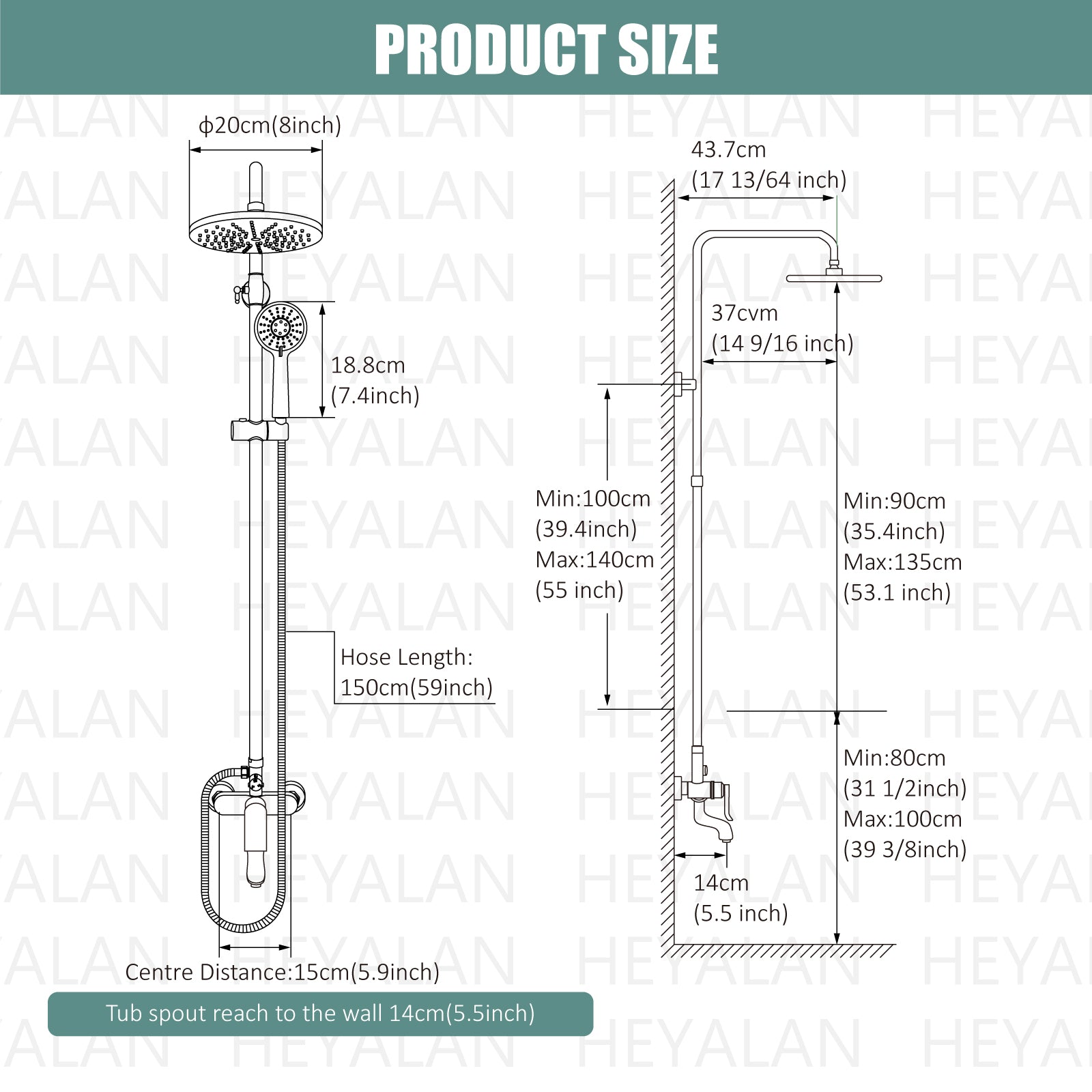 Heyalan Matte Black Exposed Shower Fixture 3 Function Brass Bathroom Shower Faucet Combo Set 8 Inch ABS Round Rainfall Showerhead with ABS Handheld Sprayer Wall MountAdjustable Slide Bar Tub Spout