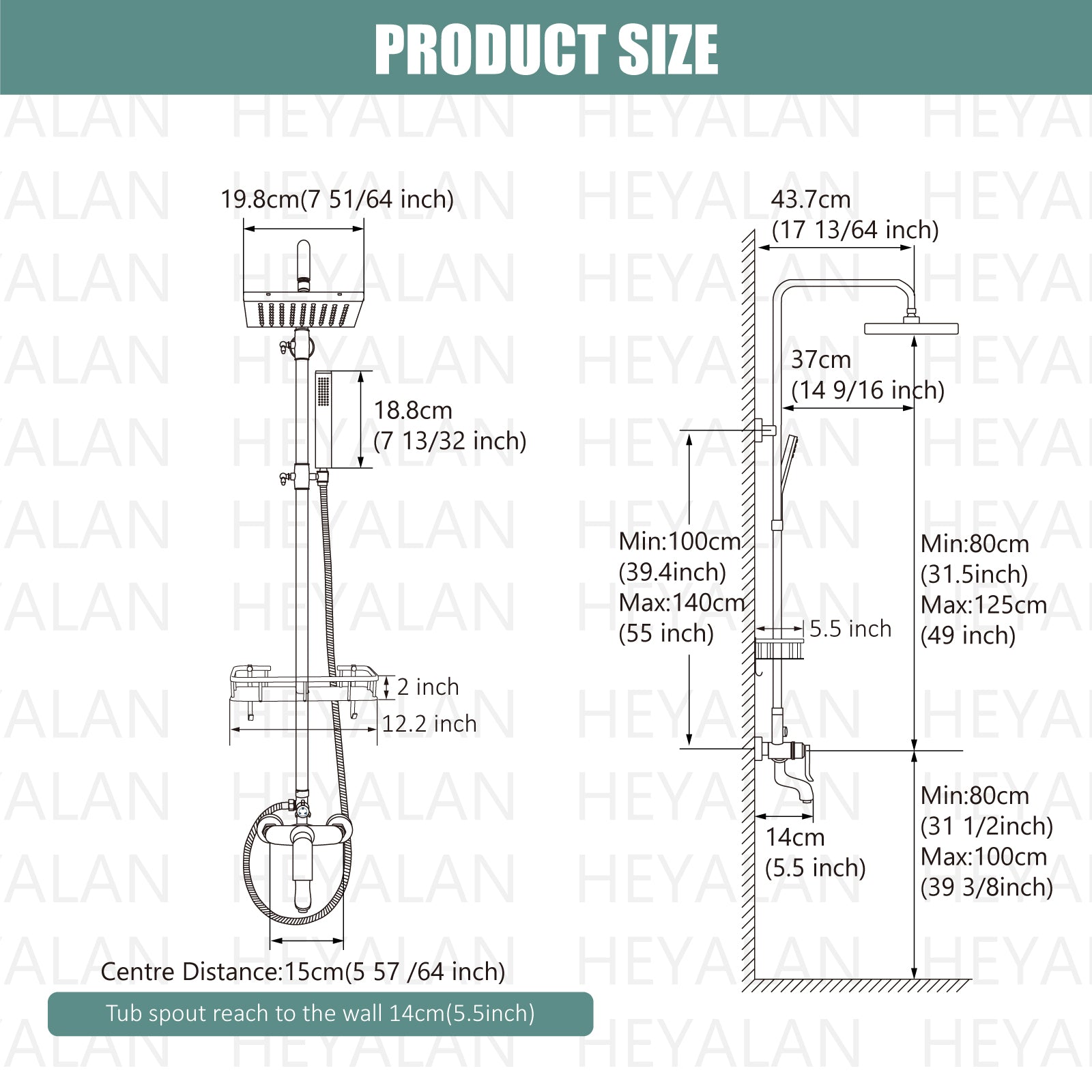 Heyalan Wall Mounted Exposed Shower System Triple Function Bathroom Shower Faucet 8” Square Swivel Rainfall Shower Head with Hand Held Sprayer Tub Spout Adjustable Complete Set with Shelf