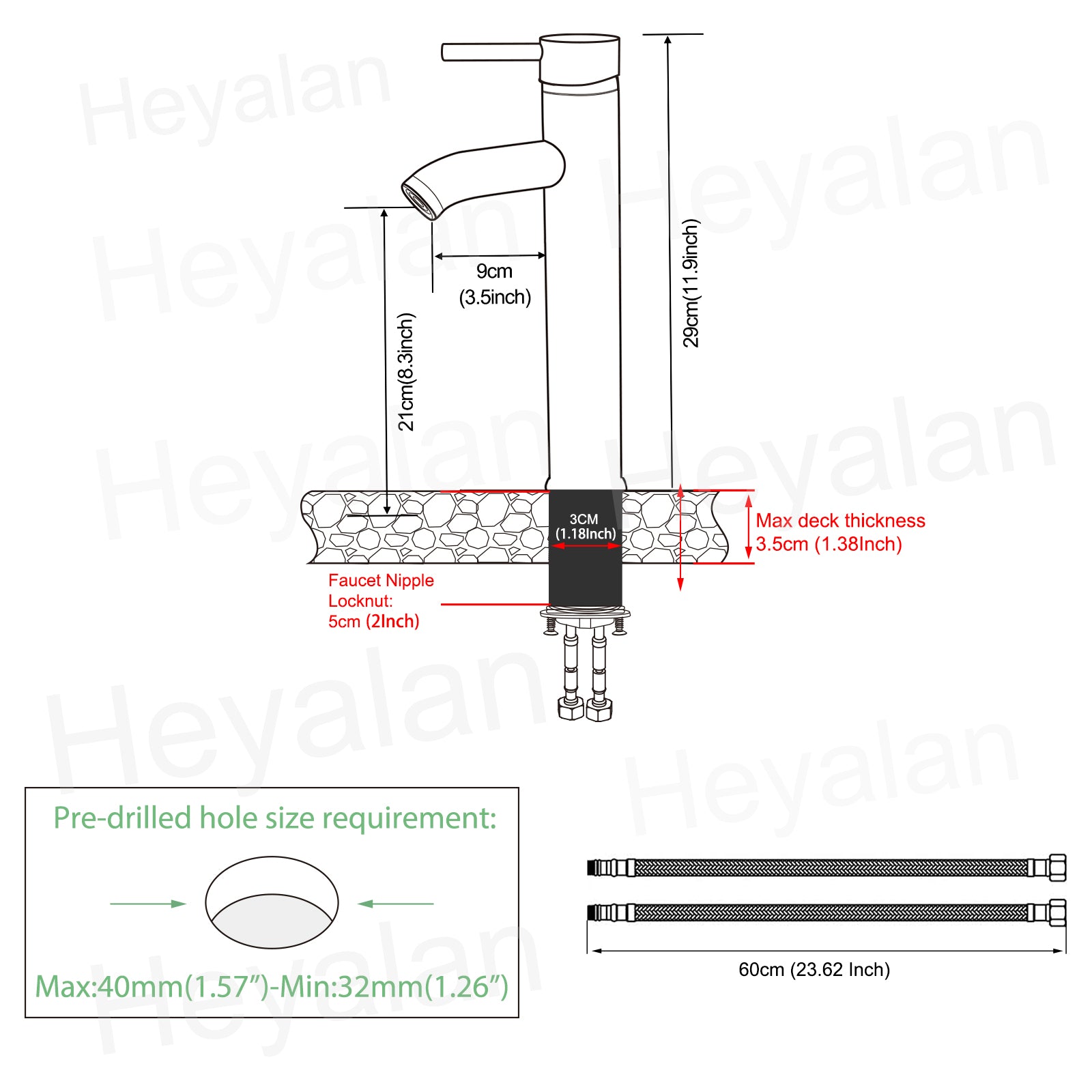 Heyalan Bathroom Faucet Vessel Sink Deck Mount SUS304 Stainless Steel Bowl Basin One Hole Single Handle Tall Spout Mixer Tap with Pop Up Drain