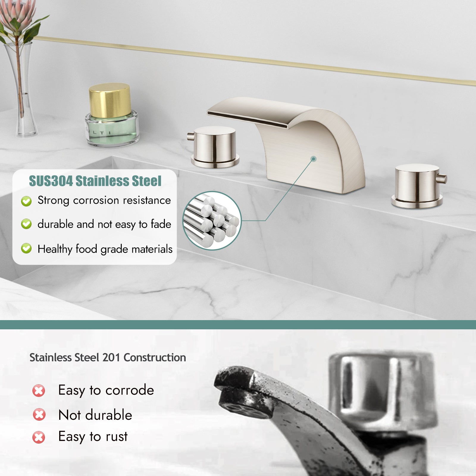 Heyalan Bathroom Widespread Sink Faucet Waterfall Spout 8 16 Inch Dual Handles Three Holes Deck Mount Pop Up Drain with Overflow Bathtub Basin Mixer Tap Commercial