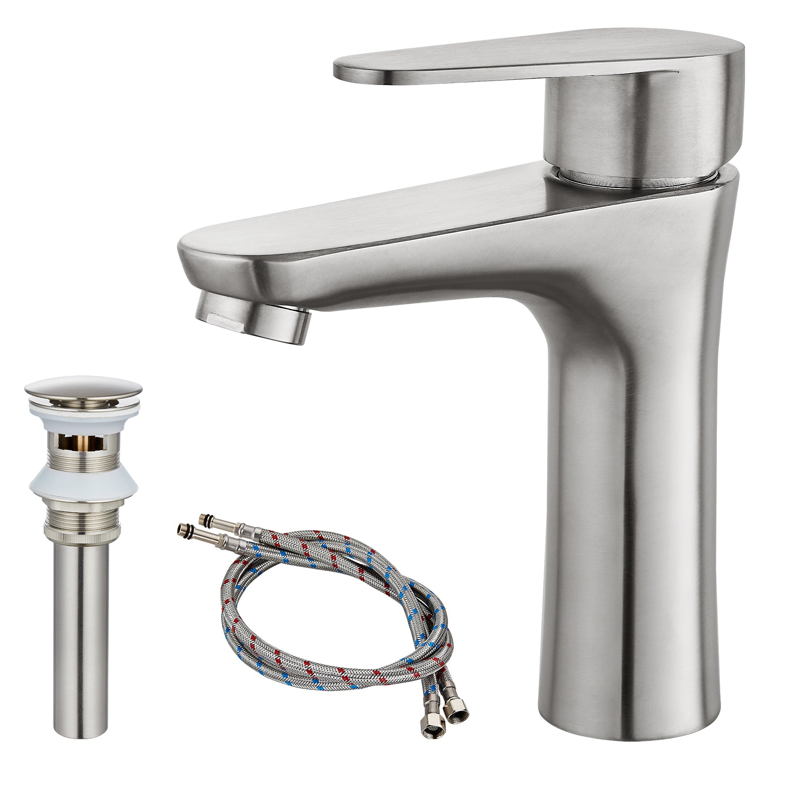 Heyalan Brushed Nickel Bathroom Faucet Single Handle 1 Hole SUS304 Stainless Steel Deck Mount Lavatory Single Switch Basin Sink Hot and Cold Water Mixer Tap with Pop Up Drain